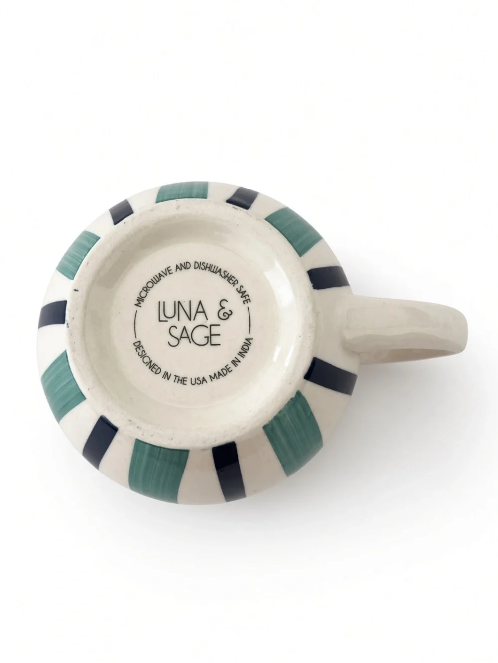 Luna & Sage Hand Painted Striped Ceramic Mug Teal Navy NWT